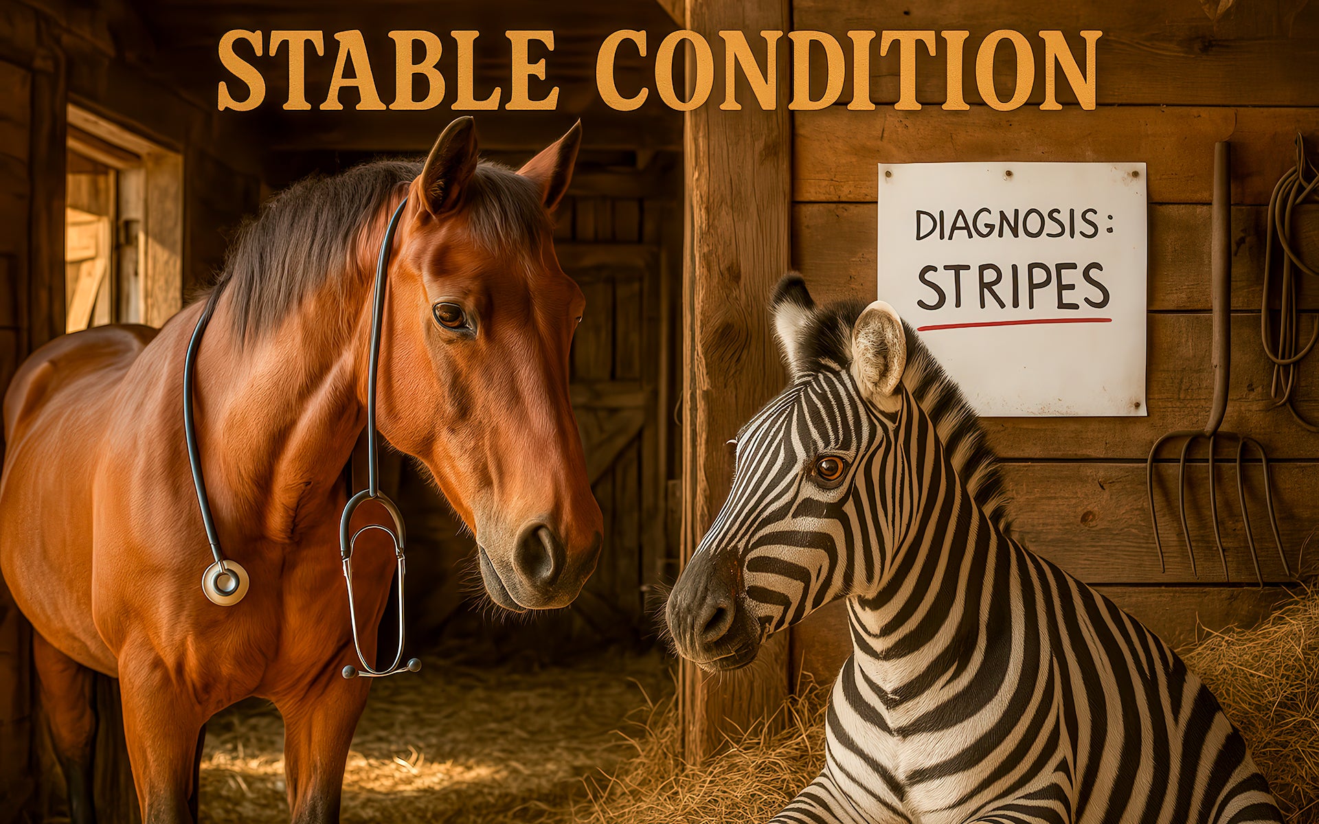 Metal print of a horse character — stable condition pun